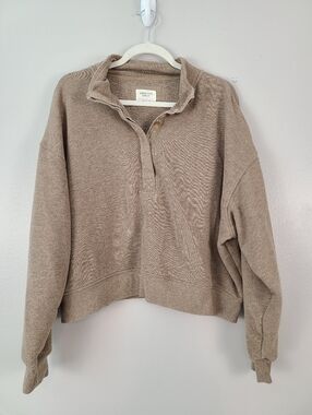 American Eagle Cropped Cowl Mock Neck Button-front Pullover Tan Neutral Sweater